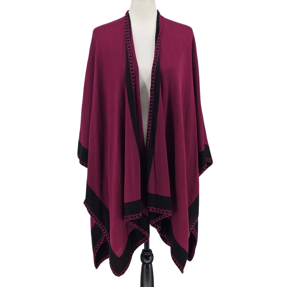 Patricia Nash Poncho Wrap O/S‎ Burgundy Black Colorblock Blanket Stitch Boho